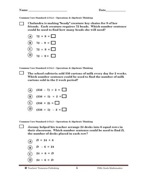 fifth grade math worksheets common core