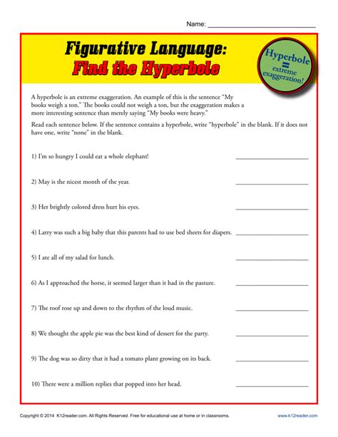 Figurative Language Find The Hyperbole Printable Worksheets Hyperbole Worksheet Middle School - Hyperbole Worksheet Middle School