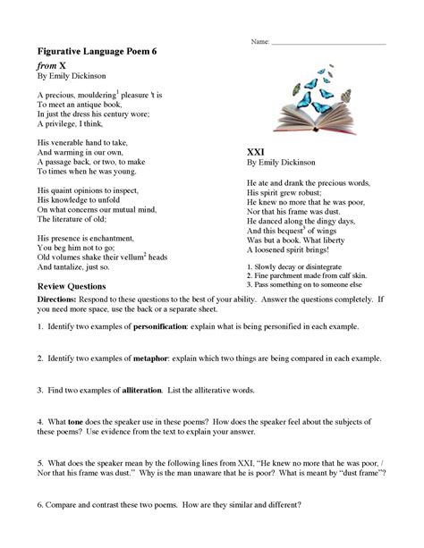 Figurative Language Poems With Questions Ereading Worksheets Literal And Figurative Language Worksheet - Literal And Figurative Language Worksheet