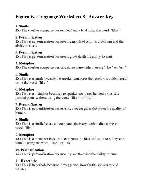 Figurative Language Worksheet 3 Explanations Answers 8211 Identifying Figurative Language Worksheet Answers - Identifying Figurative Language Worksheet Answers