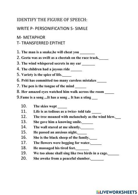 Figures Of Speech Worksheet