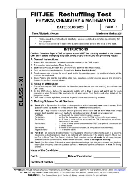 Fiitjee Reshuffling Test Papers Class 11