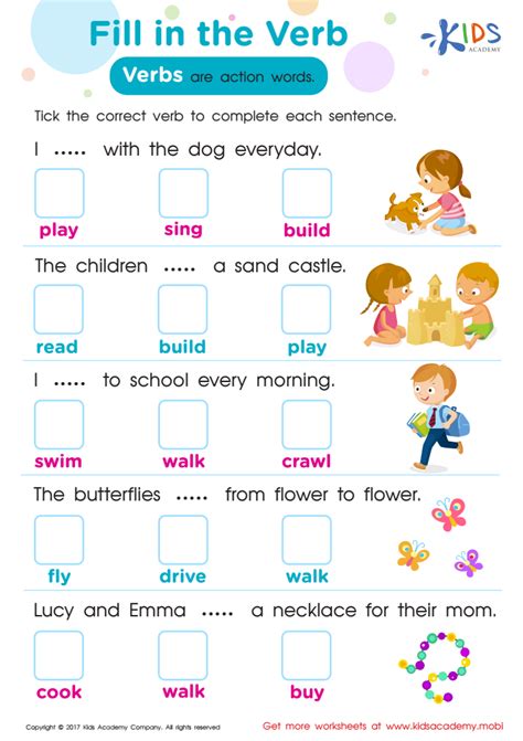 Fill In The Verb Printable Grammar Worksheet For Verbs Kindergarten Worksheet - Verbs Kindergarten Worksheet