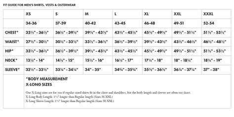 Filson Sizing Chart
