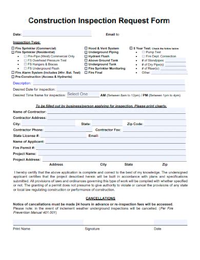 final construction inspection request form and