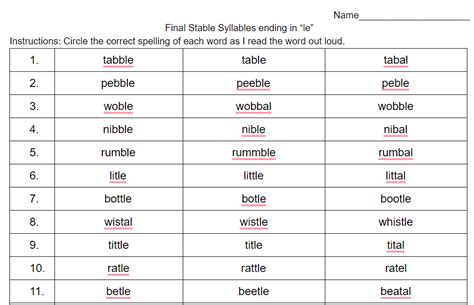 final stable syllable le first grade