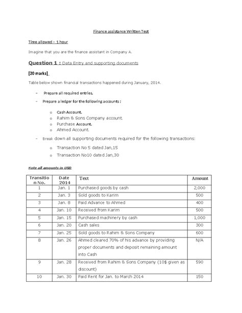 Finance Assistant Written Test