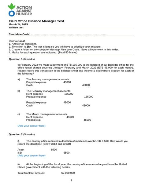 Finance Manager Written Test Questions And Answers