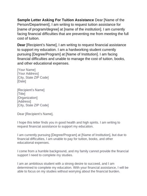 financial assistance for tuition sample letter