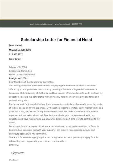 financial need letter example for scholarship