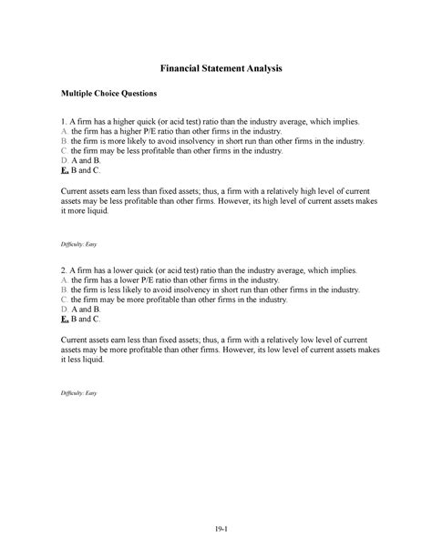 Financial Statement Analysis Multiple Choice Questions And Answers