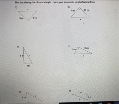 find the missing side of each triangle. leave your answers in simplest radical form