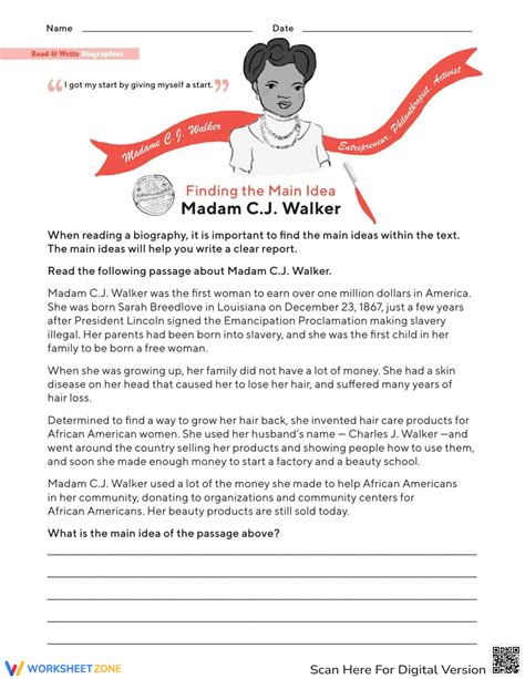 Finding The Main Idea Madam C J Walker Madame C J Walker 4th Grade Worksheet - Madame C.j.walker 4th Grade Worksheet