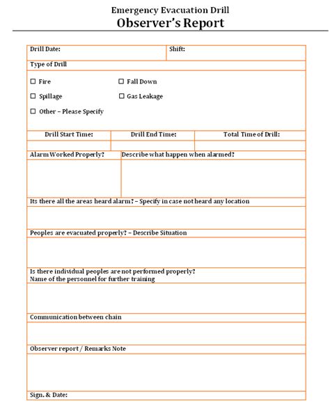 Fire Evacuation Drill Form Template