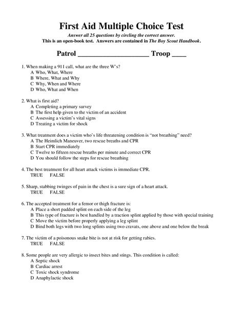 First Aid Test Multiple Choice Questions