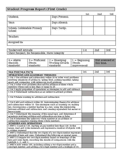 First Grade Common Core Report Card Template