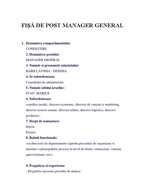 Fisa De Post Manager General Modele Fise De Post