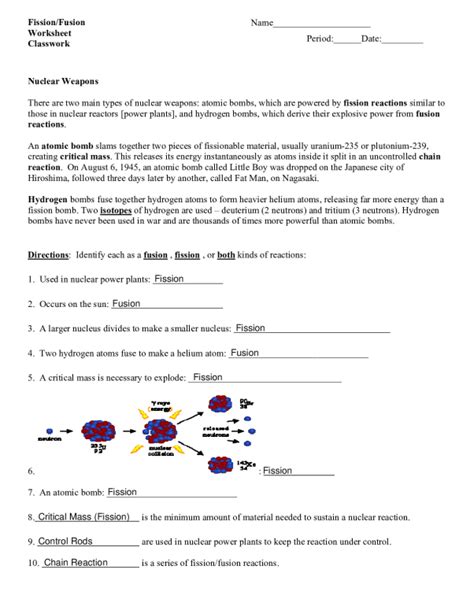 Fission Fusion Worksheet Classwork