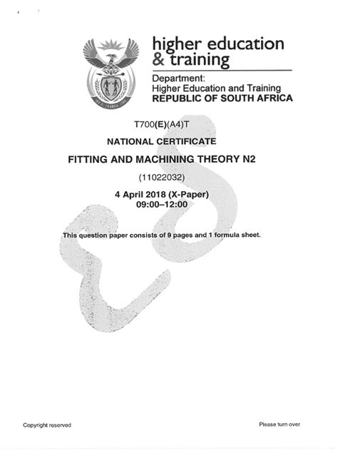 Fitting And Machining N2 Exam Papers