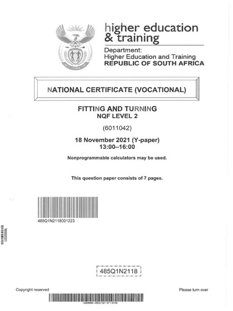 Fitting And Turning Question Papers Memo