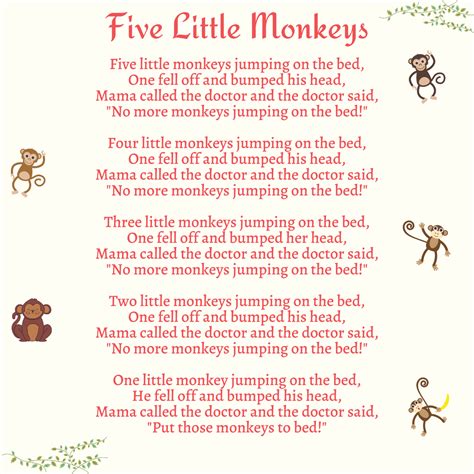 Five Little Monkeys Printable Lyrics Origins And Video Poem Five Little Monkeys - Poem Five Little Monkeys