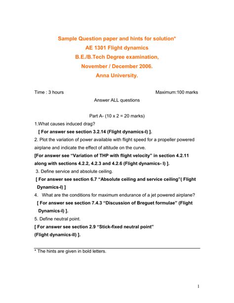 Flight Dynamics Question Paper