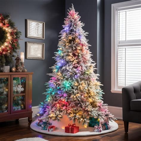 flocked tree with colored lights