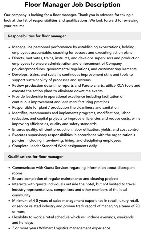 Floor Manager Job Description
