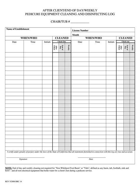 florida pedicure log sheet