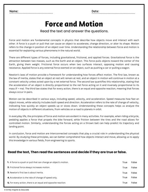 force and motion comprehension passages 4th grade