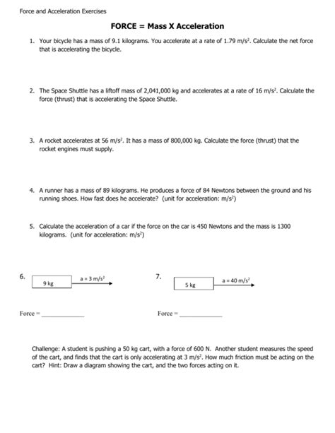 Force Mass X Acceleration Worksheet