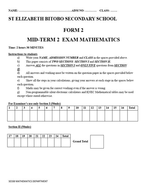 Form 2 Mathematics Mid Year Paper 