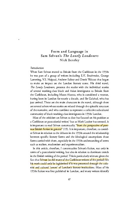 Form And Language In Sam Selvons The Lonely Londoners