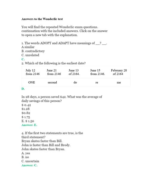 form ii wonderlic answer key