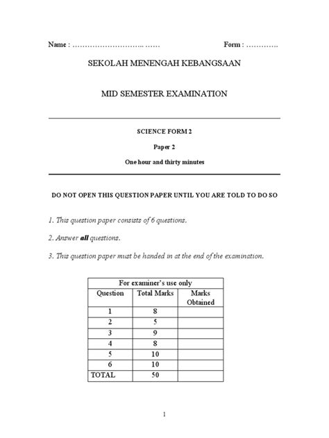 Read Form 2 Integrated Science Test Paper 