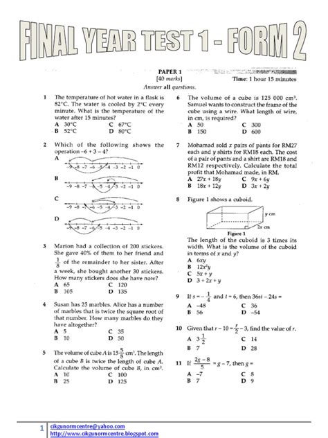 Download Form 2 Mathematics Final Year Exam Paper 