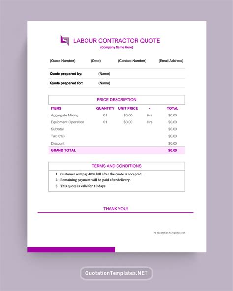 Format For Contract Labour Quotation