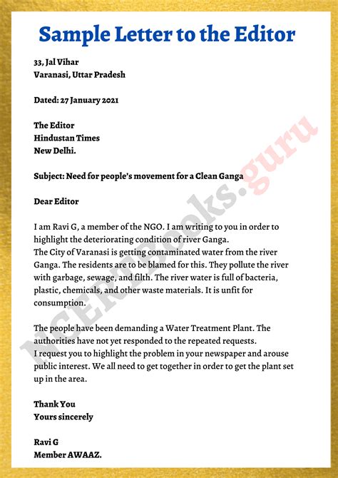 Format Of Letter To Editor Class 10