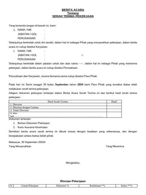 format serah terima proyek