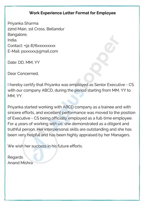 Format Work Experience Letter For Cook