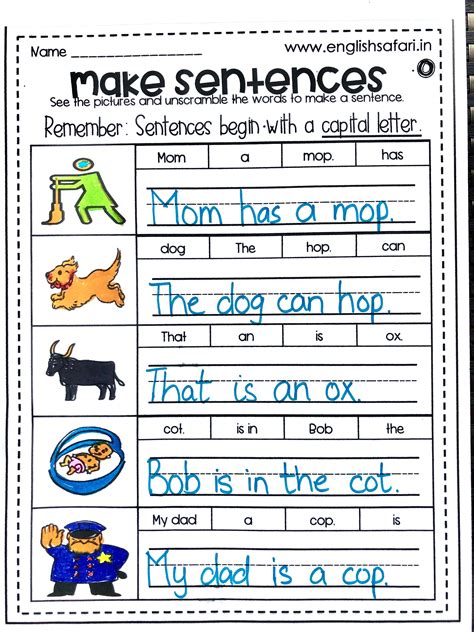 Forming Sentences Assessment 3 Worksheet For Kids Simple English Sentences For Kids - Simple English Sentences For Kids