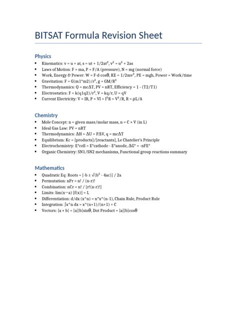 Formulae For Bitsat Physics
