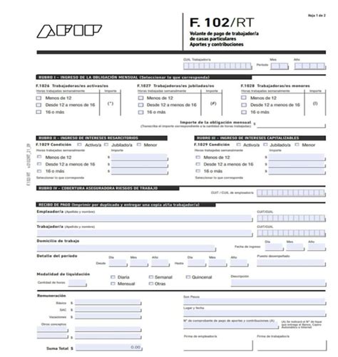 Formulario Afip F 102 B De Pago De Aportes Del Servicio