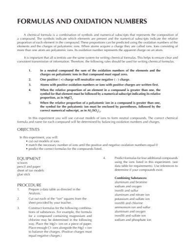 formulas and oxidation numbers lab answers