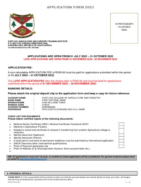 fort cox application forms for 2015