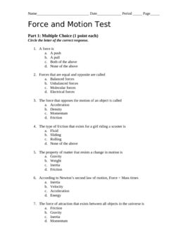 foss force and motion answers key test