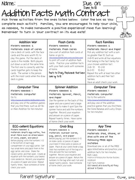 Fourth And Ten Math Contracts For Addition Facts Ten Facts Math - Ten Facts Math