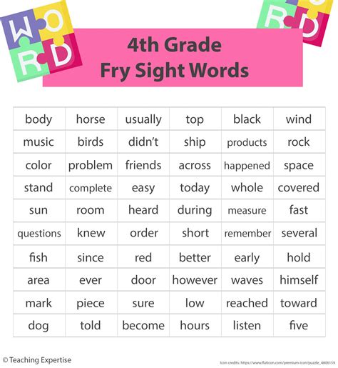 Fourth Grade Fry Words Fry Word Lists Fry Fry 4th Grade Sight Words - Fry 4th Grade Sight Words