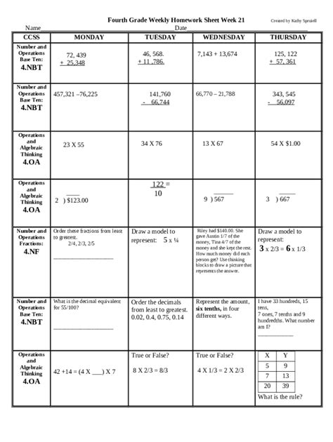 Fourth Grade Weekly Homework Sheet Week 29