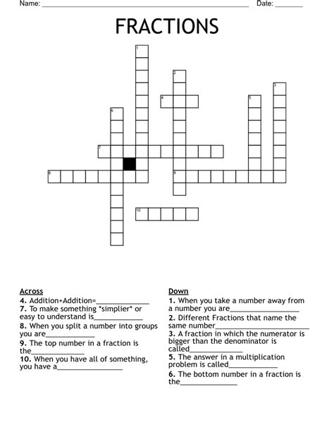 Fraction Crossword Puzzle Clues Fractions Crossword Puzzle - Fractions Crossword Puzzle